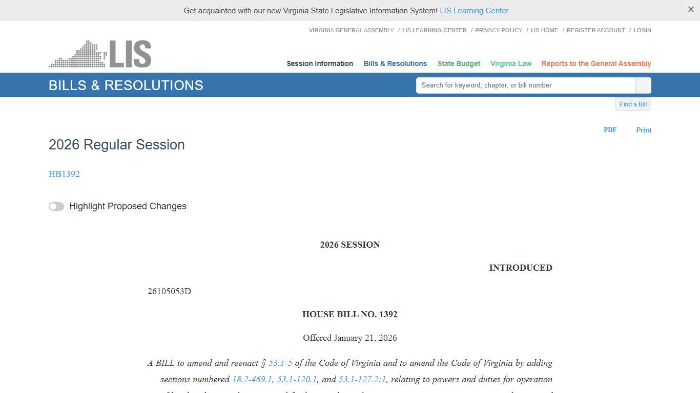 HB1392 - 2026 Regular Session LIS