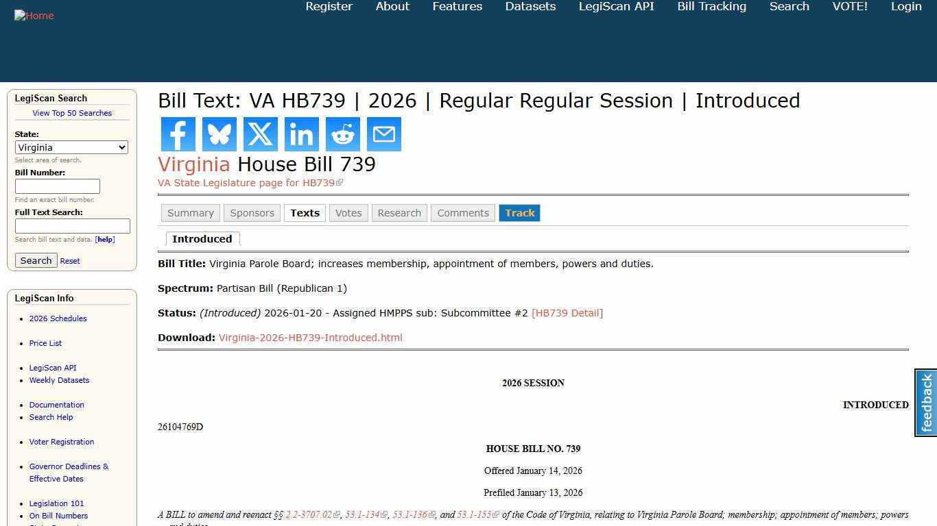Bill Text: VA HB739 2026 Regular Regular Session Introduced LegiScan