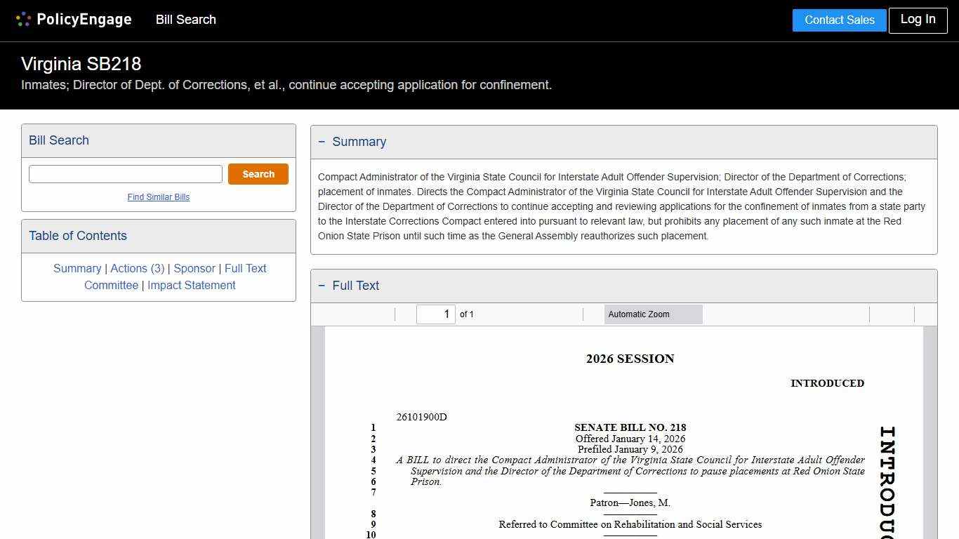 SB218 Virginia 2026 Inmates; Director of Dept. of Corrections, et al., continue accepting application for confinement. - Legislative Tracking PolicyEngage